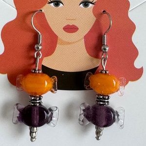 Orange and Purple Lampwork Glass Silver Plated Hook Earrings Item #308